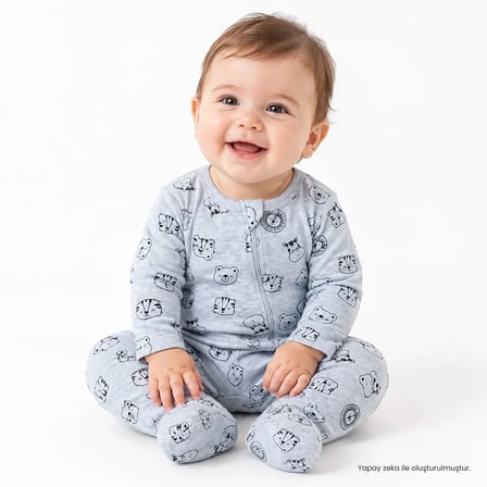 HelloBaby Erkek Bebek Tulum Hayvan Baskılı Bisiklet Yaka Çıtçıtlı Uzun Kol Uzun Paça