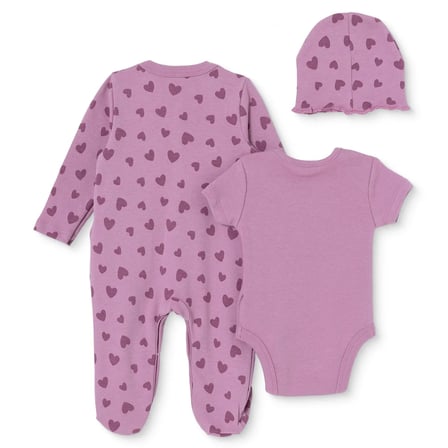 HelloBaby Kız Bebek Tulum-Body-Şapka Kalp Baskılı Bisiklet Yaka Çıtçıtlı Uzun Kol Uzun Paça