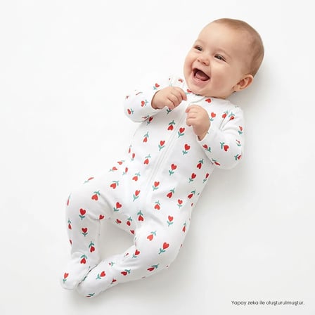 HelloBaby Kız Bebek Tulum Kalp Baskılı Bisiklet Yaka Fermuarlı Uzun Kol Uzun Paça