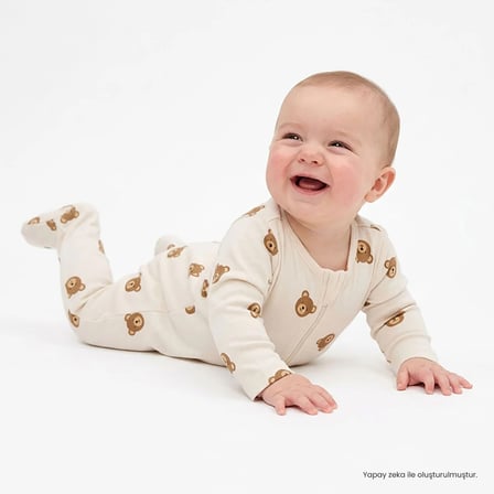 HelloBaby Erkek Bebek Tulum Ayı Baskılı Bisiklet Yaka Fermuarlı Uzun Kol Uzun Paça