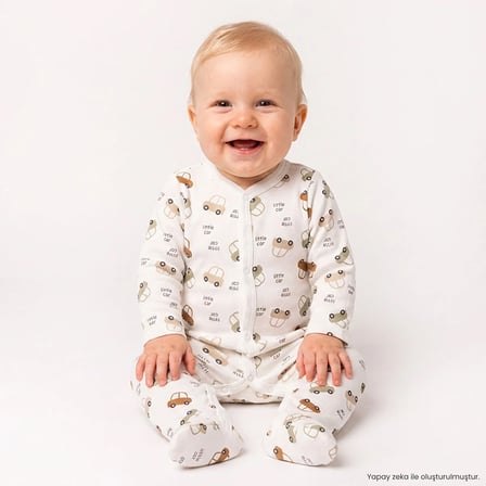 HelloBaby Erkek Bebek Tulum Ayı Baskılı Bisiklet Yaka Çıtçıtlı Uzun Kol Uzun Paça
