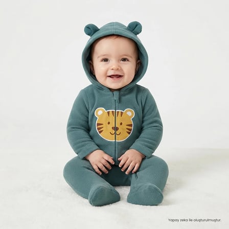 HelloBaby Erkek Bebek Polar Tulum Hayvan Baskılı Kapüşonlu Fermuarlı Uzun Kol Uzun Paça