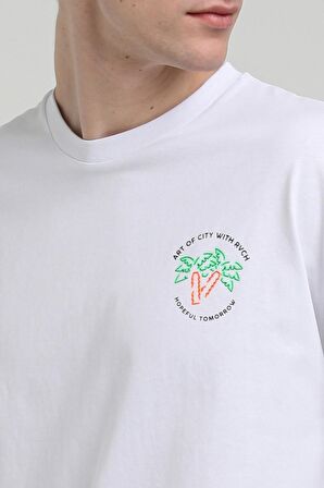 Bisiklet Yaka Beyaz Oversize Tişört 23SSM20336