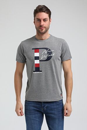 New World Polo Bisiklet Yaka Gri Regular Custom Tişört 23SSM20352