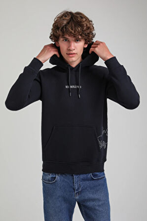 Kapüşonlu Lacivert Slim Fit Hoodie 23FWM64044
