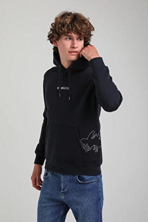 Kapüşonlu Lacivert Slim Fit Hoodie 23FWM64044