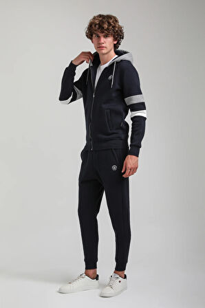 Kapşonlu Ve Fermuarlı Lacivert Slim Fit Full-Zip Sweatshirt 23FWM64068