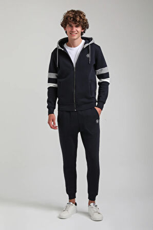 Kapşonlu Ve Fermuarlı Lacivert Slim Fit Full-Zip Sweatshirt 23FWM64068