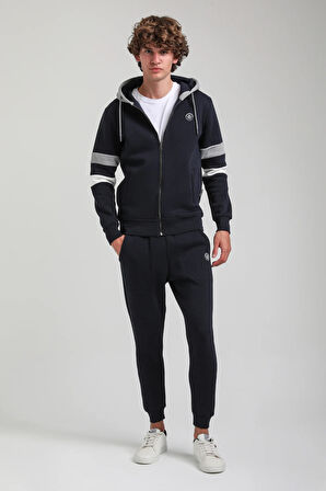 Kapşonlu Ve Fermuarlı Lacivert Slim Fit Full-Zip Sweatshirt 23FWM64068