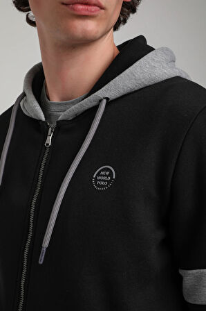 Kapşonlu Ve Fermuarlı Siyah Slim Fit Full-Zip Sweatshirt 23FWM64068