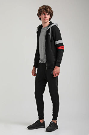Kapşonlu Ve Fermuarlı Siyah Slim Fit Full-Zip Sweatshirt 23FWM64068