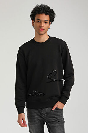Bisiklet Yaka Siyah Slim Fit Sweatshirt 23FWM60150