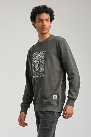 Bisiklet Yaka Haki Slim Fit Sweatshirt 23FWM60153