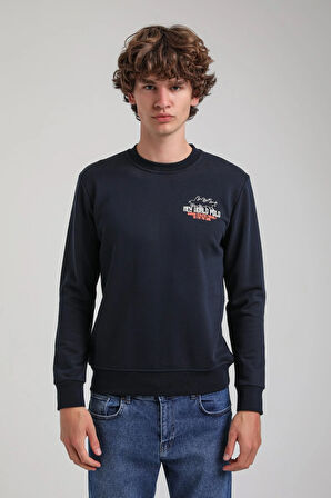 Bisiklet Yaka Lacivert Slim Fit Sweatshirt 23FWM60158