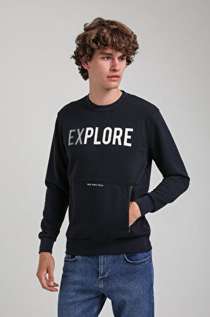 Bisiklet Yaka Lacivert Slim Fit Sweatshirt 23FWM60165