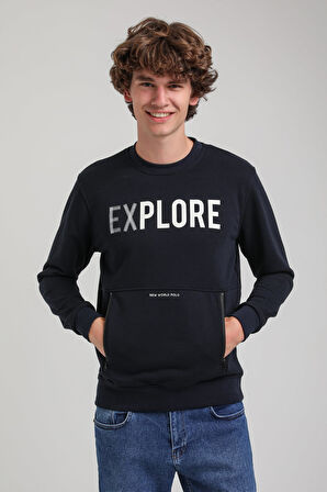 Bisiklet Yaka Lacivert Slim Fit Sweatshirt 23FWM60165