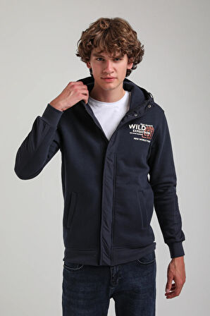 Kapüşonlu Lacivert Slim Fit Full-Zip Sweatshirt 23FWM64067
