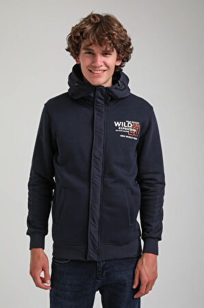 Kapüşonlu Lacivert Slim Fit Full-Zip Sweatshirt 23FWM64067