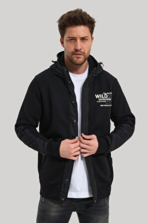 Kapüşonlu Siyah Slim Fit Full-Zip Sweatshirt 23FWM64067