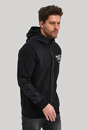 Kapüşonlu Siyah Slim Fit Full-Zip Sweatshirt 23FWM64067