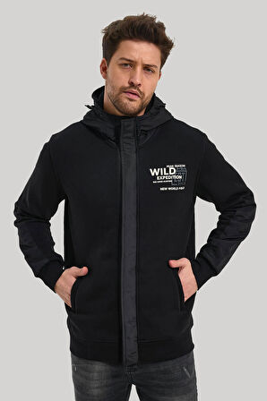 Kapüşonlu Siyah Slim Fit Full-Zip Sweatshirt 23FWM64067