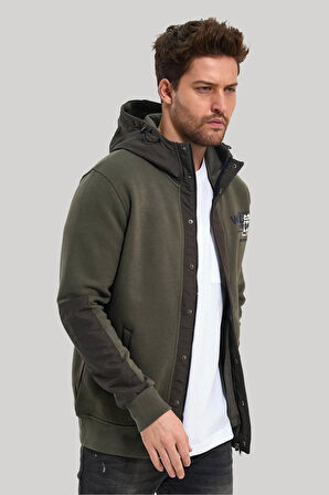 Kapüşonlu Haki Slim Fit Full-Zip Sweatshirt 23FWM64067