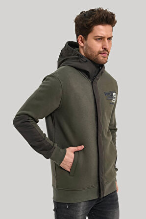 Kapüşonlu Haki Slim Fit Full-Zip Sweatshirt 23FWM64067