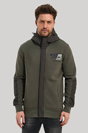 Kapüşonlu Haki Slim Fit Full-Zip Sweatshirt 23FWM64067