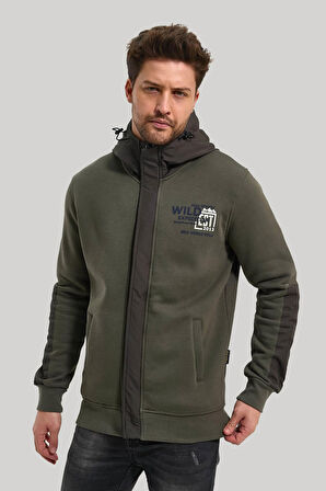 Kapüşonlu Haki Slim Fit Full-Zip Sweatshirt 23FWM64067