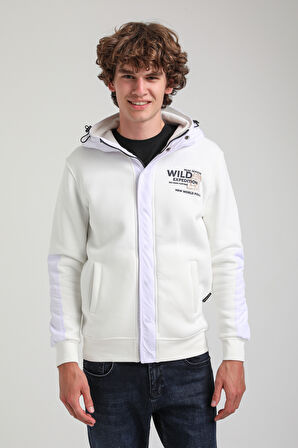 Kapüşonlu Ekru Slim Fit Full-Zip Sweatshirt 23FWM64067