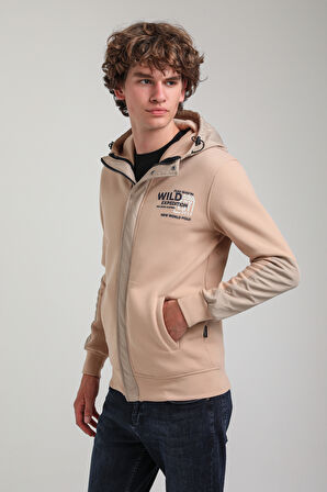 Kapüşonlu Bej Slim Fit Full-Zip Sweatshirt 23FWM64067