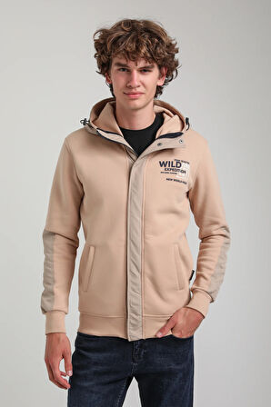 Kapüşonlu Bej Slim Fit Full-Zip Sweatshirt 23FWM64067