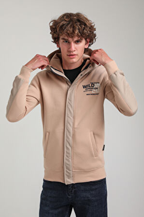 Kapüşonlu Bej Slim Fit Full-Zip Sweatshirt 23FWM64067