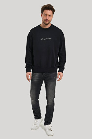 Bisiklet Yaka Siyah Slim Fit Sweatshirt 23FWM60168