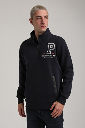 Dik Yaka Lacivert Slim Fit Full-Zip Sweatshirt 24FWM64075