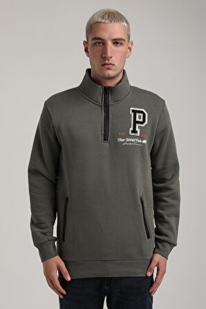 Dik Yaka Haki Slim Fit Full-Zip Sweatshirt 24FWM64075