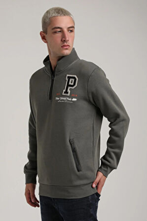 Dik Yaka Haki Slim Fit Full-Zip Sweatshirt 24FWM64075