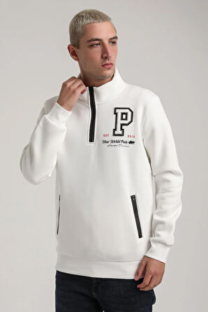 Dik Yaka Ekru Slim Fit Full-Zip Sweatshirt 24FWM64075