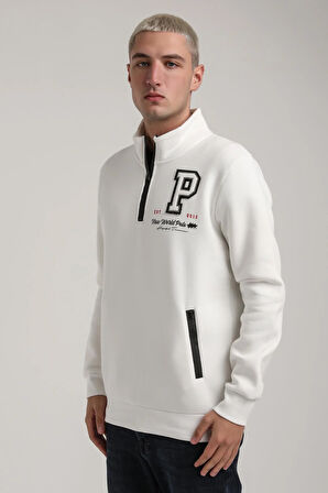 Dik Yaka Ekru Slim Fit Full-Zip Sweatshirt 24FWM64075