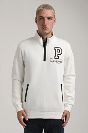 Dik Yaka Ekru Slim Fit Full-Zip Sweatshirt 24FWM64075