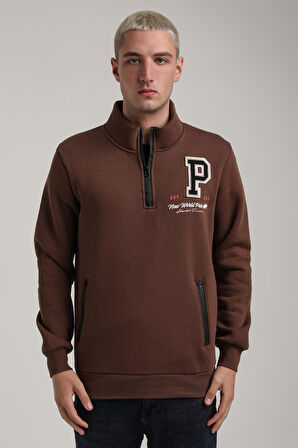 Dik Yaka Kahverengi Slim Fit Full-Zip Sweatshirt 24FWM64075