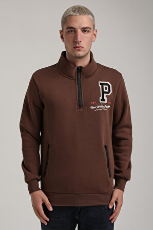 Dik Yaka Kahverengi Slim Fit Full-Zip Sweatshirt 24FWM64075