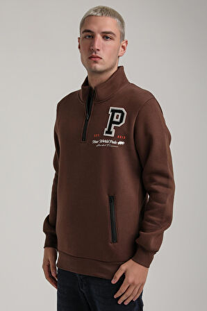 Dik Yaka Kahverengi Slim Fit Full-Zip Sweatshirt 24FWM64075