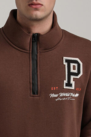 Dik Yaka Kahverengi Slim Fit Full-Zip Sweatshirt 24FWM64075