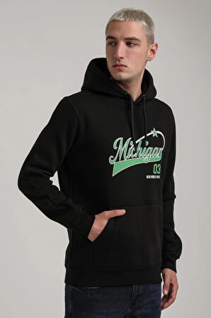 Kapüşonlu Siyah Slim Fit Full-Zip Sweatshirt 24FWM64079