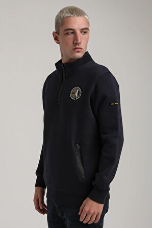 Dik Yaka Lacivert Slim Fit Full-Zip Sweatshirt 24FWM64083