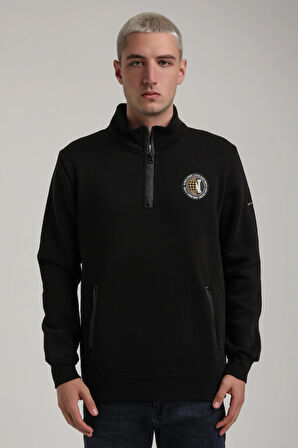 Dik Yaka Siyah Slim Fit Full-Zip Sweatshirt 24FWM64083
