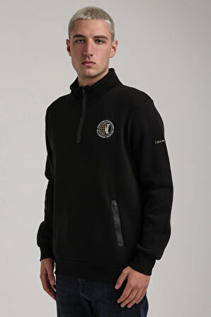 Dik Yaka Siyah Slim Fit Full-Zip Sweatshirt 24FWM64083