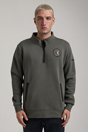 Dik Yaka Haki Slim Fit Full-Zip Sweatshirt 24FWM64083