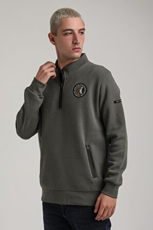 Dik Yaka Haki Slim Fit Full-Zip Sweatshirt 24FWM64083